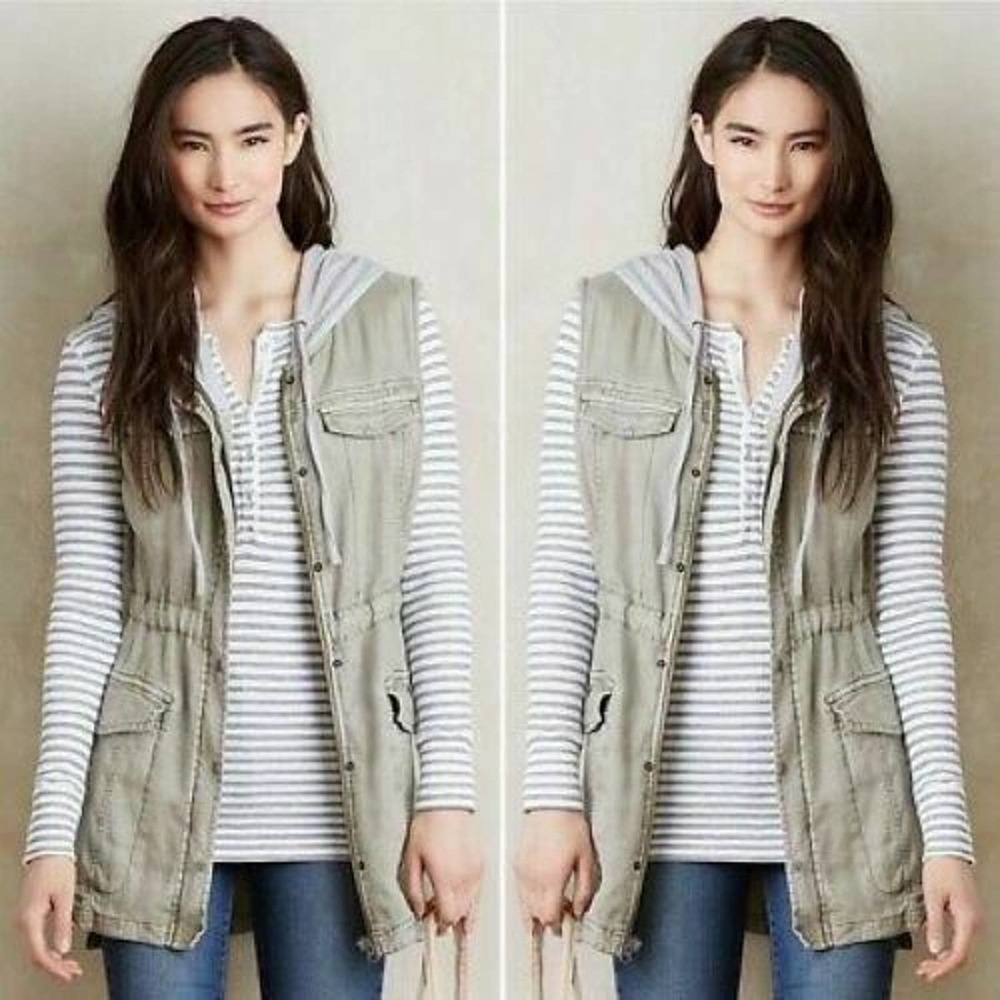 Hei Hei Womens Vest Green Zip Up Snap Drawstring Hooded Flap Pockets Stretch M